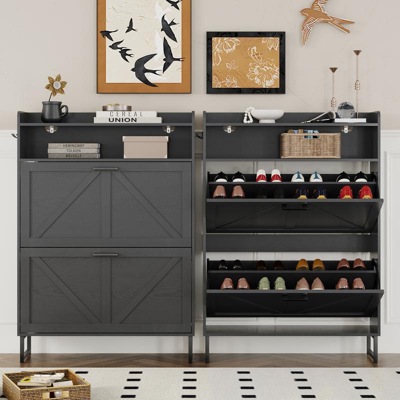 Double drawer ,Freestanding flip shoe cabinet, Slim fit wooden storage cabinet with hidden shelves | Corridor, living room, and bedroom shoe rack ,White