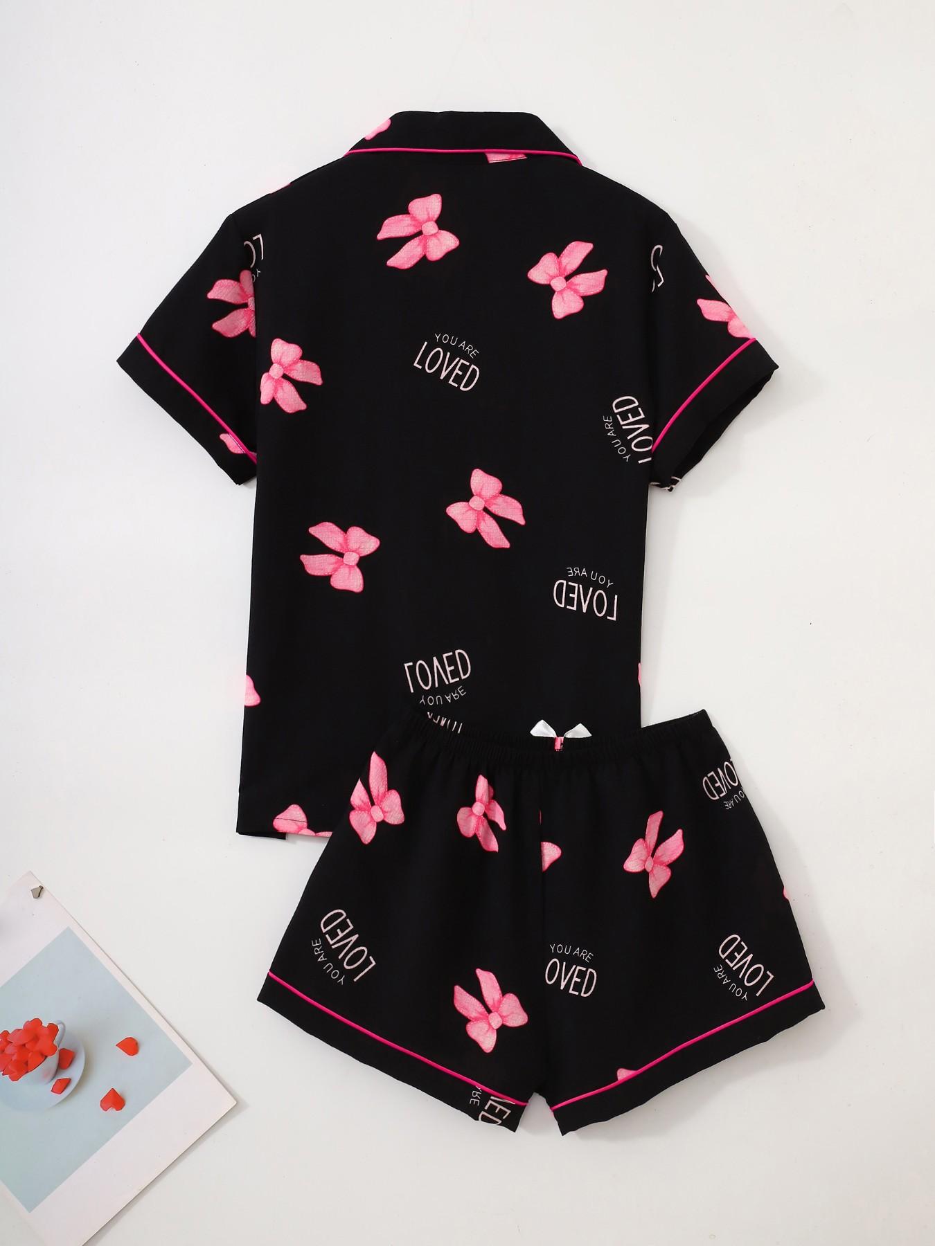 Women's Short Sleeve Button Down Top and Shorts Pajama Set, Spring Summer Wear, For Korean Aesthetic Bloggers, Black Base Pink Bow & LOVED Letter Print, Classic Lapel Collar, Loose H Fit, Comfortable For Home & Daily Wear