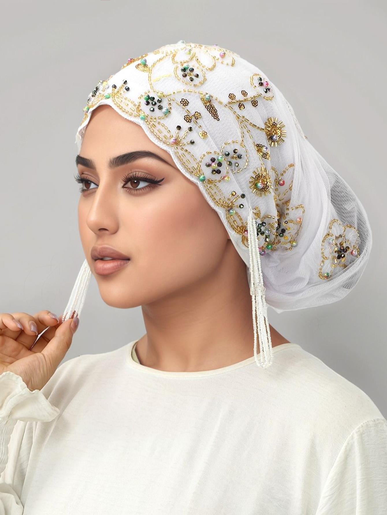 Women's Geometric Print Lace Beaded Headscarf Hat, Bohemian Satin Lined Hijab, Adjustable Ankara Chemotherapy Cap, Jersey Hijabs for Various Occasions