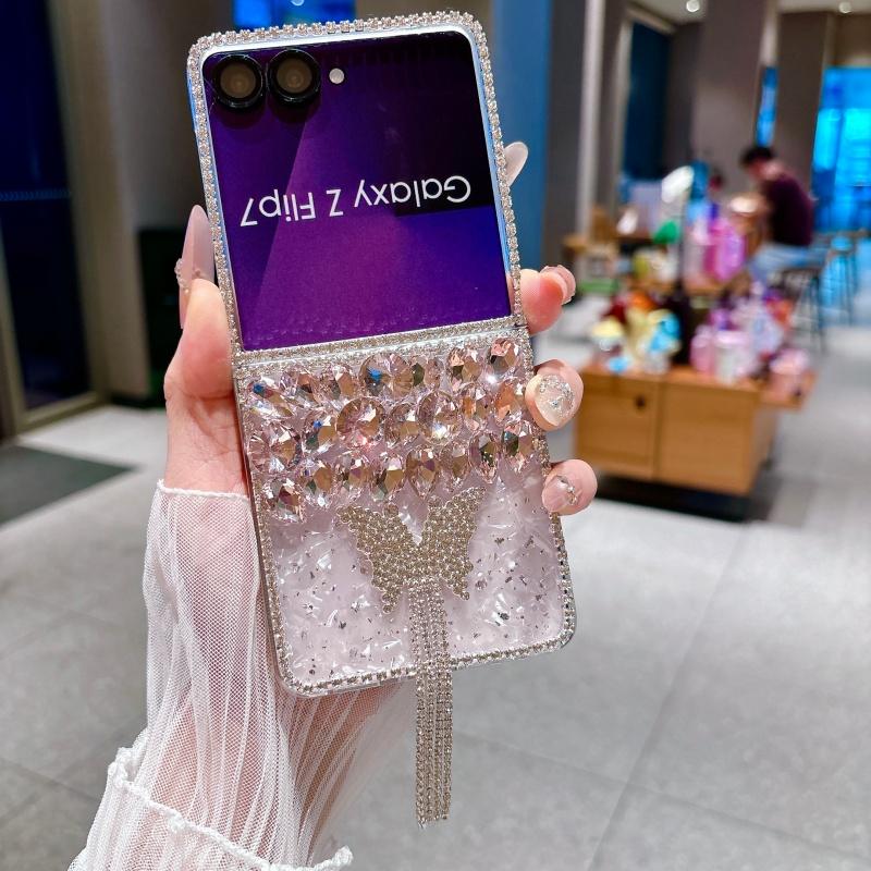 Luxury Rhinestone Butterfly Cute Phone Case For Samsung Galaxy Z Flip 7 6 5 4 Z Flip6 ZFlip7 Cover Korean Hard Cases ZFlip7 Capa