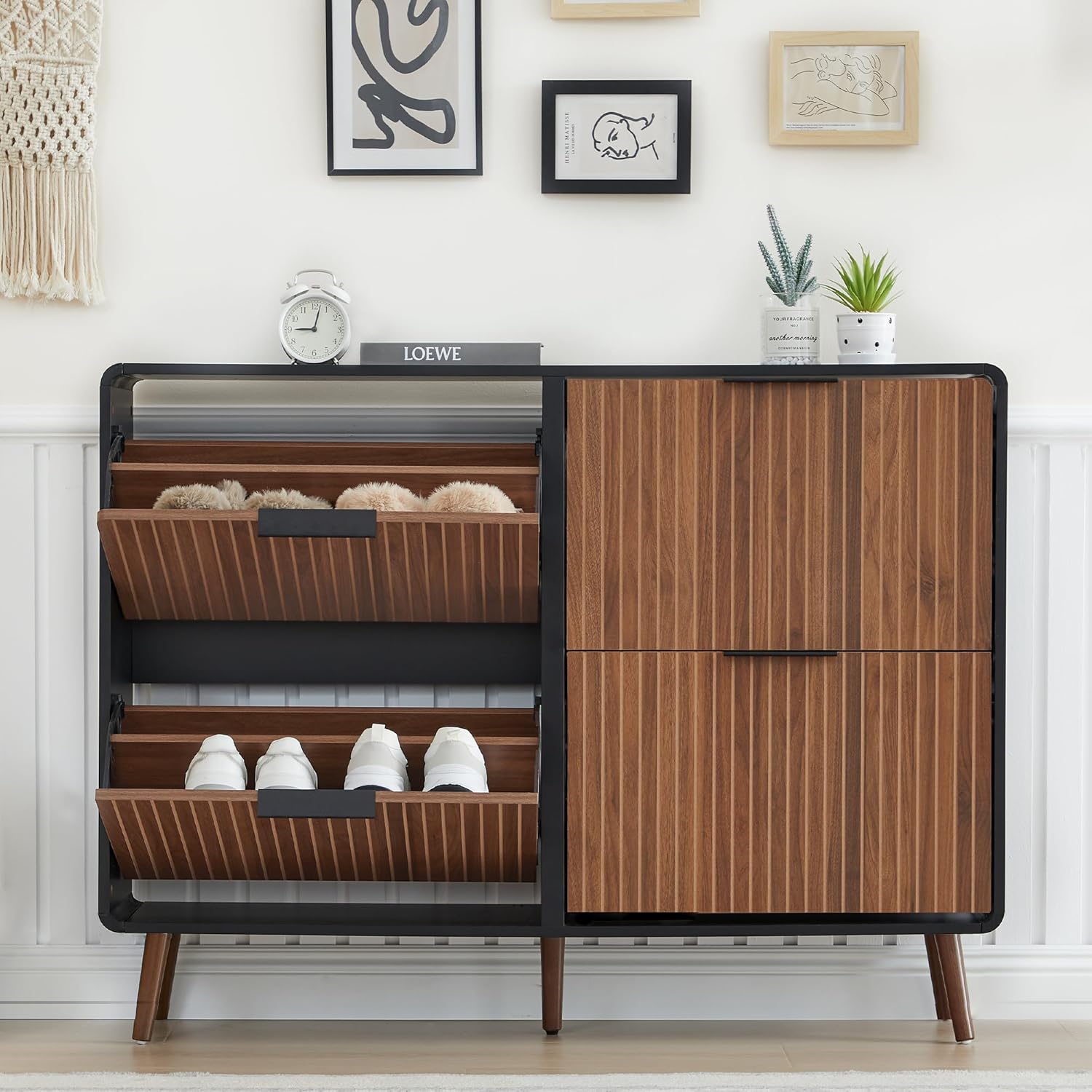 Giratree 47" Fluted Large Shoe Cabinet with 4 Flip Drawers, Slim Freestanding Shoe Cabinet Organizer, Narrow Shoes Storage Rack for Entryway, 5 Sturdy Legs Giratree 47" Fluted Large Shoe Cabinet with 4 Flip Drawers, Slim Freestanding Shoe Cabinet Organizer, Narrow Shoes Storage Rack for Entryway, 5 Sturdy Legs