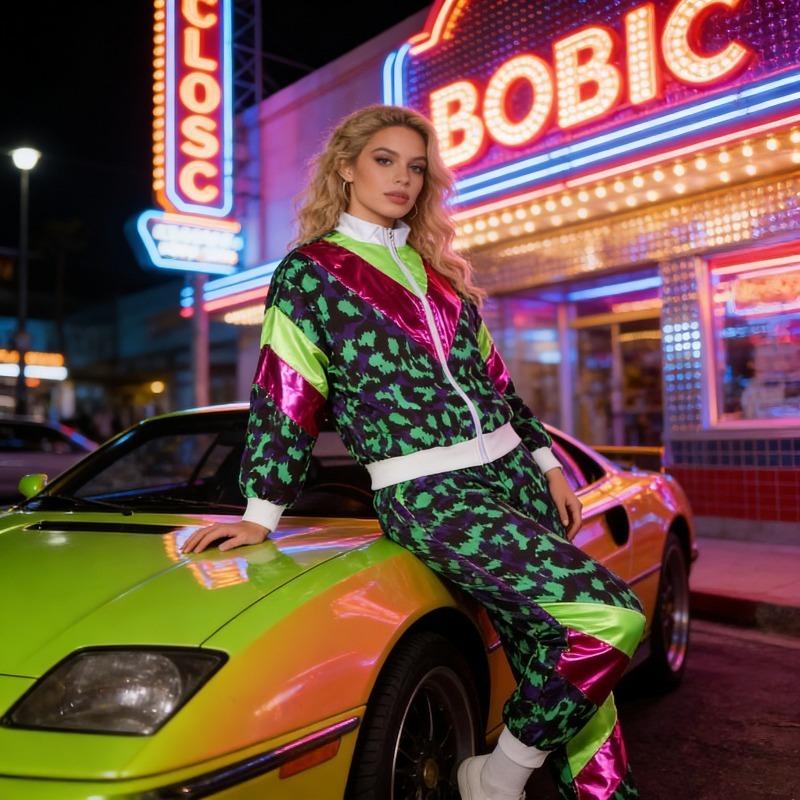 Unisex 2-piece 80s Party Photobooth Props Retro Leopard Print Sportswear Full Zip Jacket and Elastic Pants Disco Dance Costumes for Themed Party Events