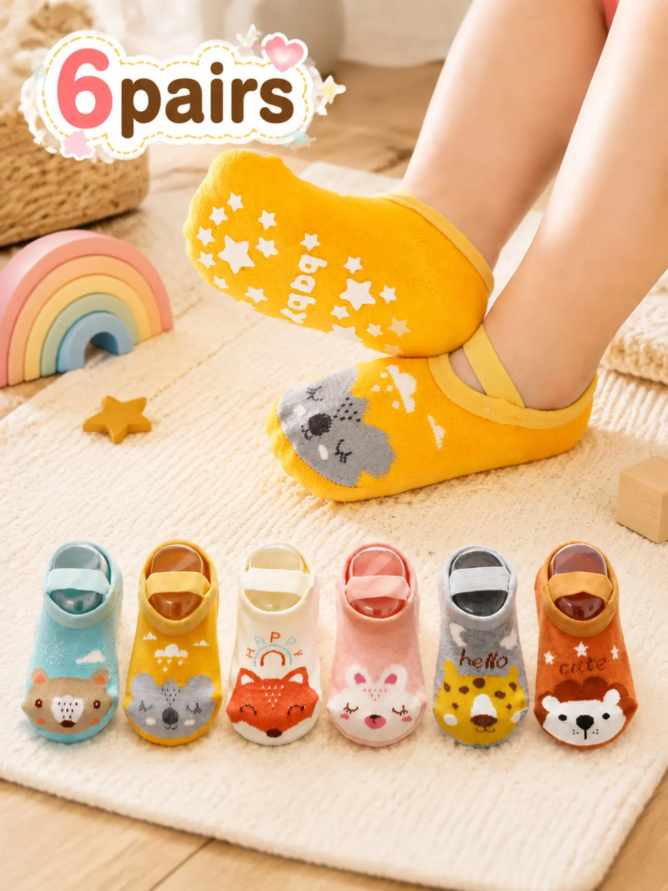 6 Pairs or 10 Pairs Random Kids Socks, Baby Walker Socks, Non-Slip Indoor Socks, Cartoon Animal Pattern, Boys' Short Socks