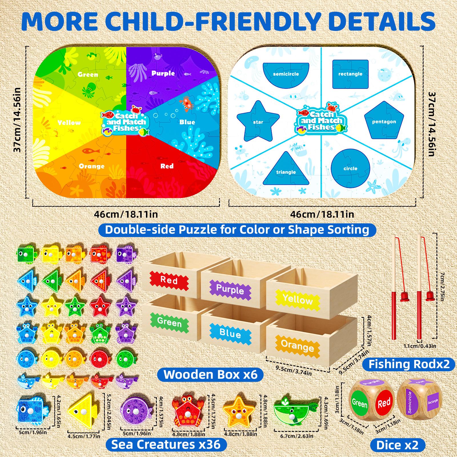 Edutree Color & Shape Sorter Educational Learning Toys with Wooden Box & Puzzle for Boys Girls 3-5, Montessori Toys for Toddlers 1-3, Magnetic Fishing Game for Kids 2-4,