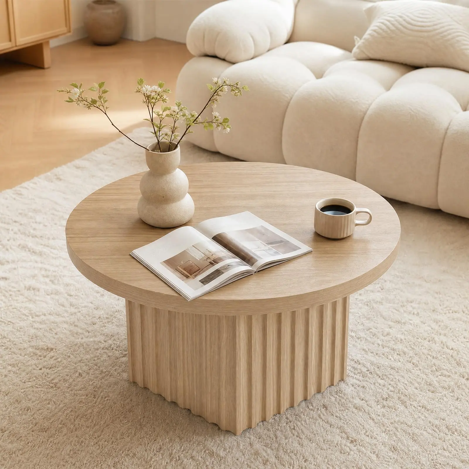 and  31.5" Round Coffee Table, Ideal for Living Room and Bedroom, Designed for Space-Saving and Versatile Use with a Stylish Round Shape