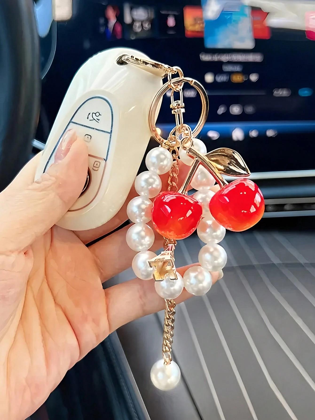 Beaded Y2K Double Cherry Keychain Charm for Women, Cute Glitter Strap ...
