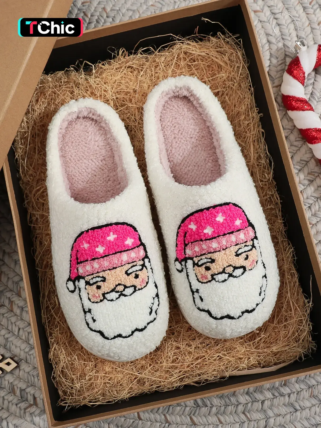 Cute Pink Santa Embroidered Plush Slippers, Soft Warm Indoor Outdoor Shoes, Anti-Slip Winter Footwear, Cozy Bedroom Slippers for Men Women