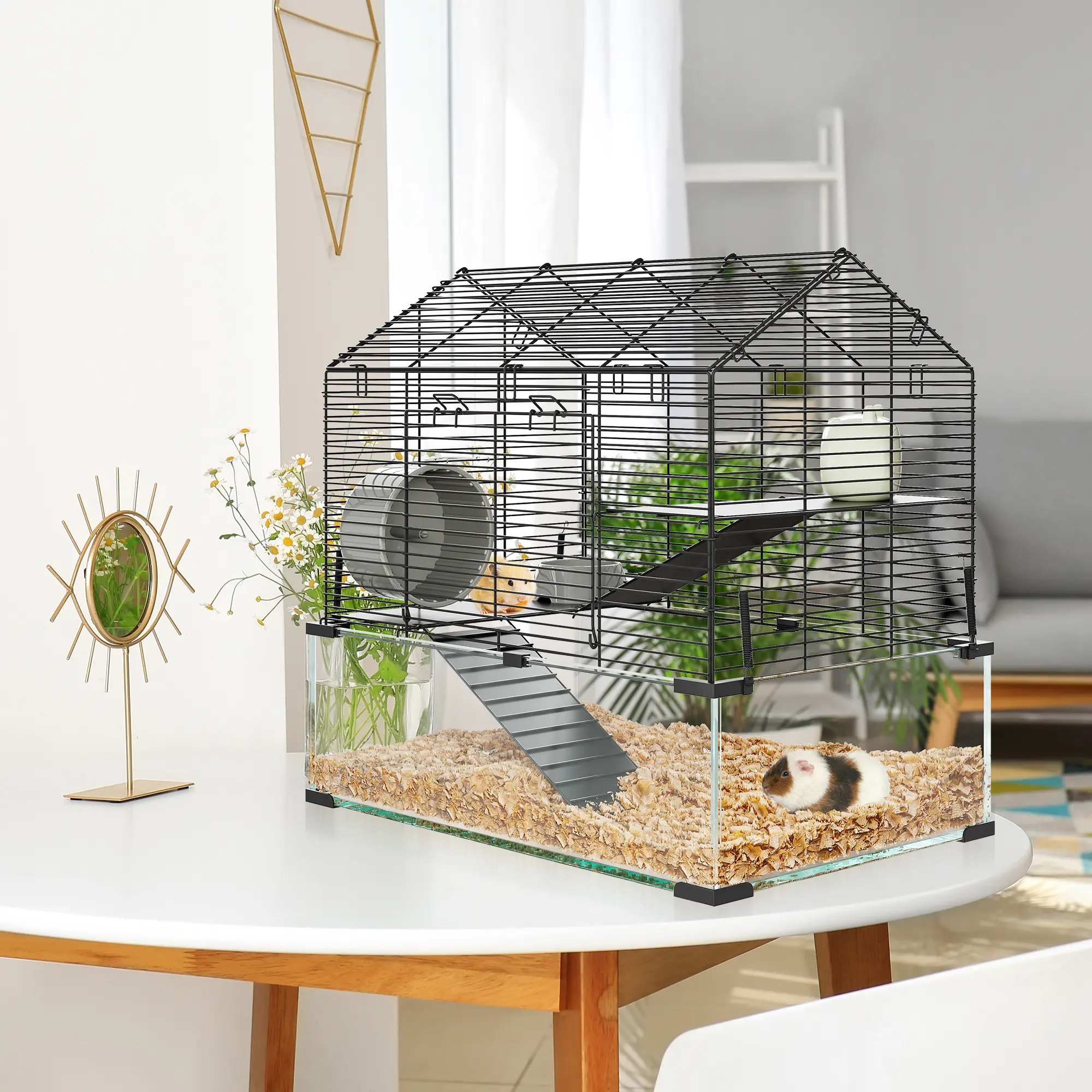 Spacious 3-Tier Hamster Cage - Deep Tempered Glass Bottom, Silent Spinner Wheel, Chew-Proof Water Bottle - Multi-Level Small Animal Habitat for Syrian, Dwarf Hamsters, Gerbils, Mice, Rats, Black - Ideal for Apartments