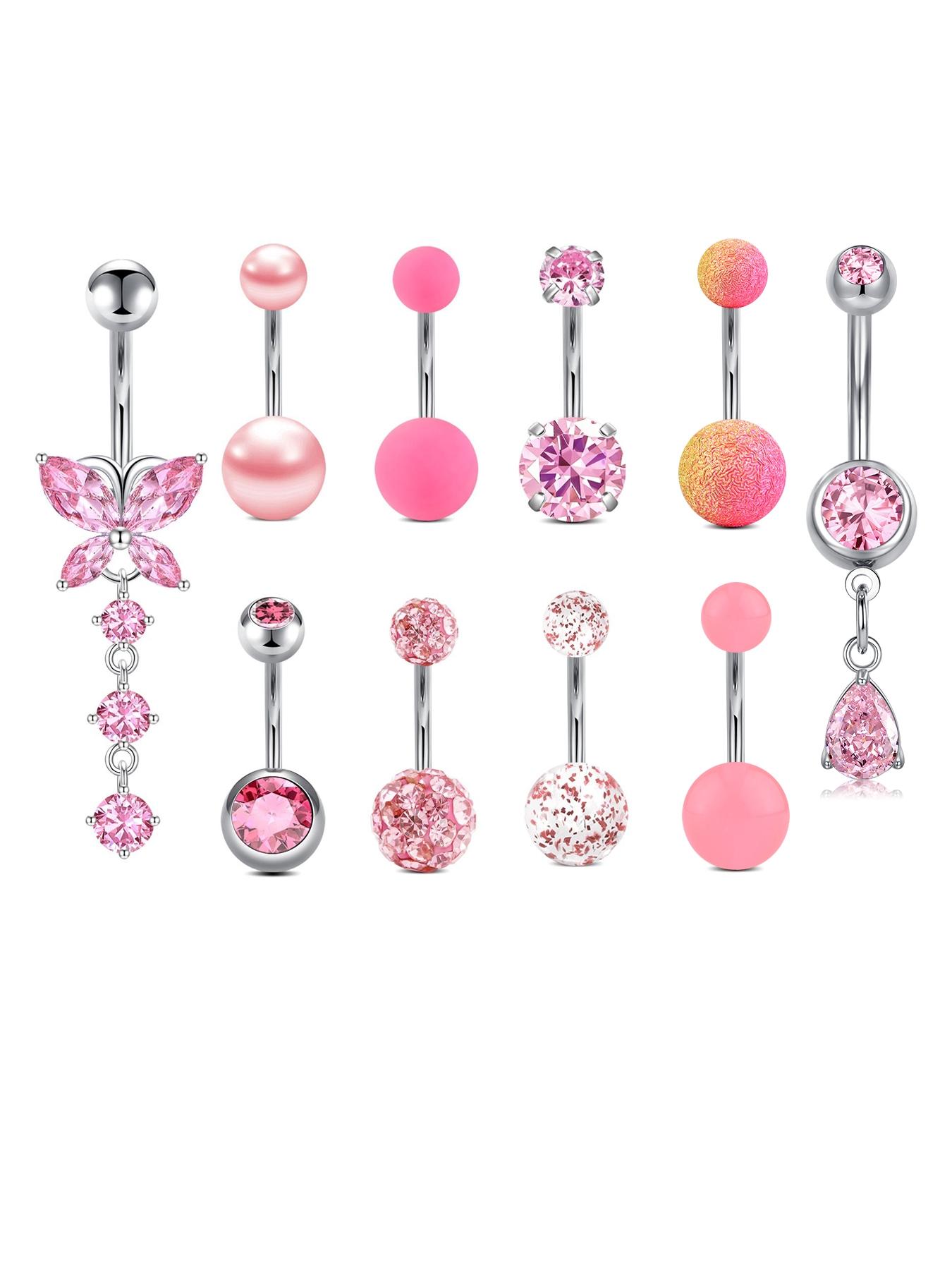 10pcs/set Elegant Rhinestone Heart Decor Belly Button Ring, Trendy Women Belly Piercing Body Jewelry, Classic Fashion Accessories for Daily Wear, Valentine's Day Gift, Body Piercings Set