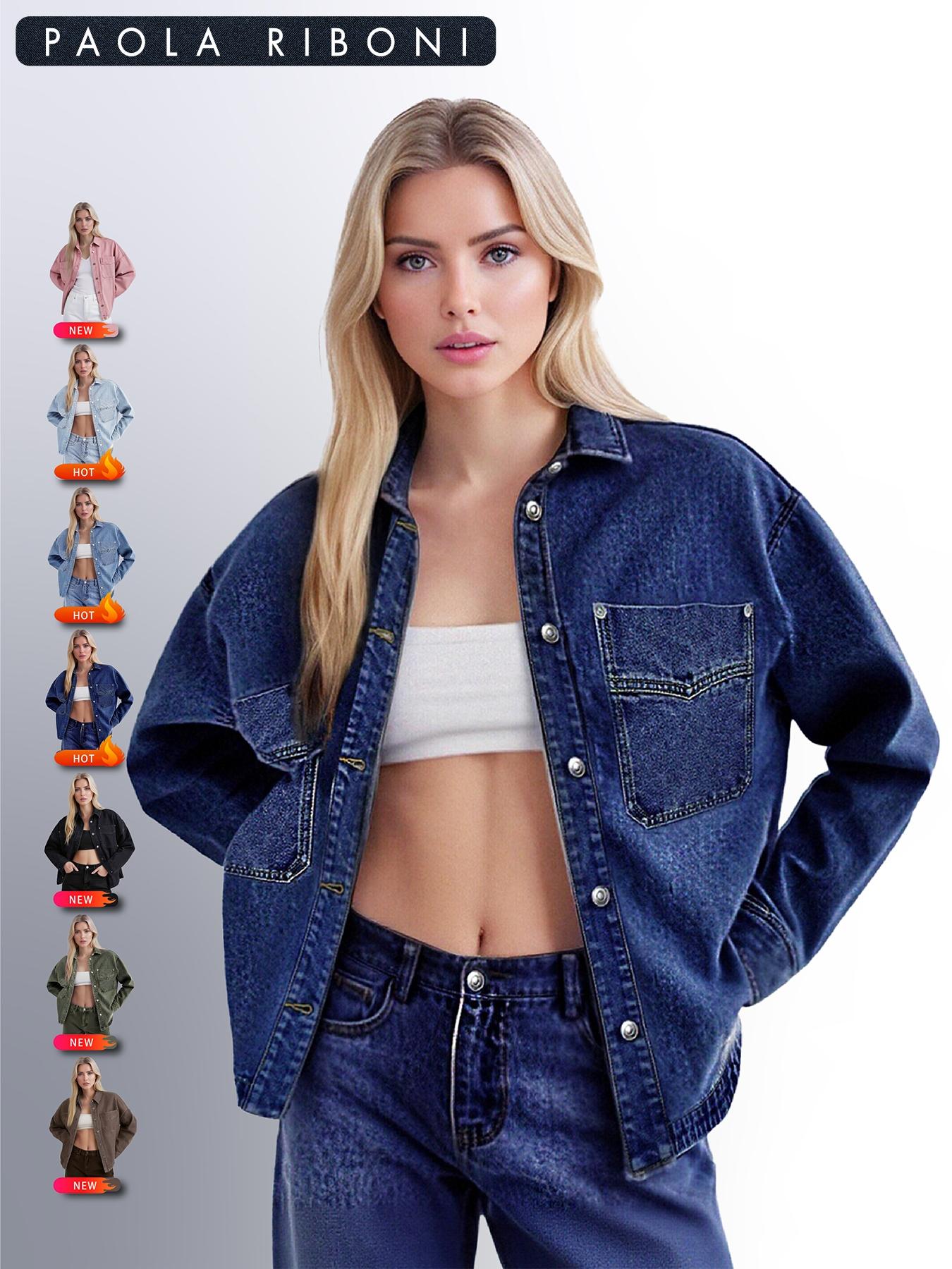 Women's Plain Drop Shoulder Denim Jacket, Casual Outerwear With Pockets For All Seasons Women's Plain Drop Shoulder Denim Jacket, Casual Outerwear With Pockets For All Seasons