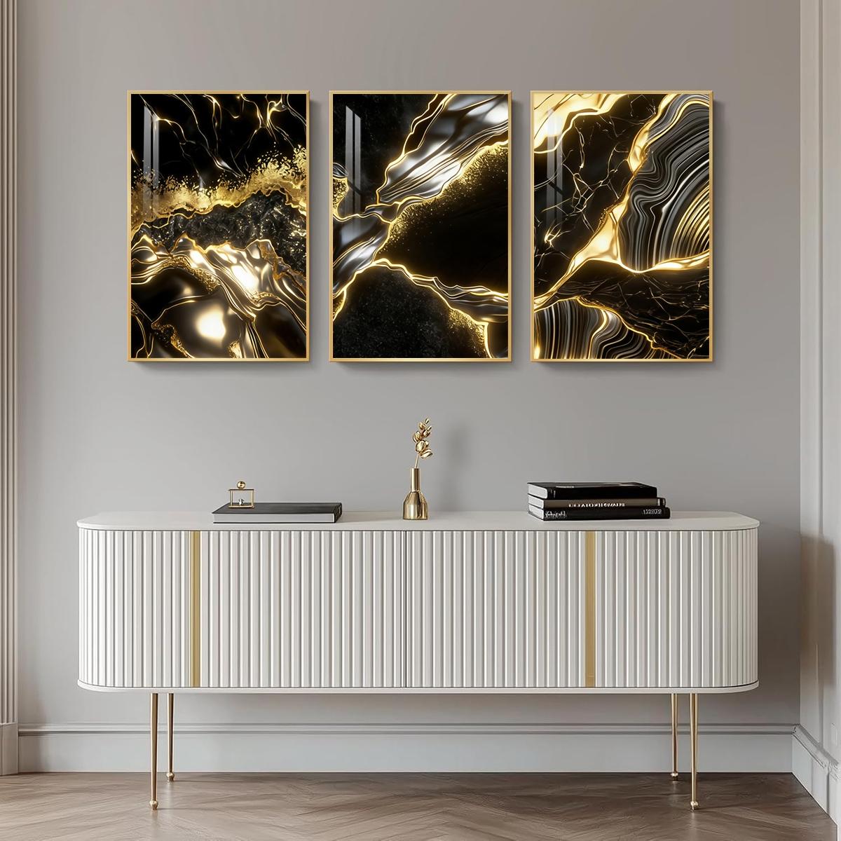 3 Counts Aluminum Alloy Framed Painting, Abstract Black And Gold Fluid Art Pictures, Home Decoration For Living Room, Bedroom, Office, Restaurant, Hallway Wall Decor, Odorless Print Artwork, Luxury Perfect Gift For Friends And Family