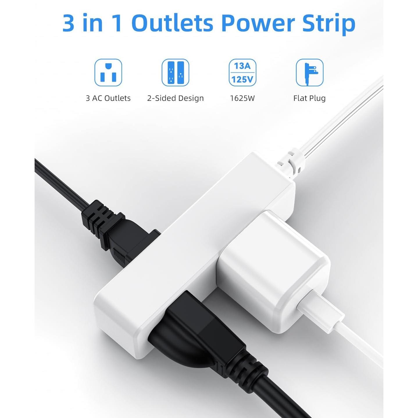 Flat Plug Extension Cord with 3 Outlets - 6 ft White Low Profile Indoor 3 Prong Grounded Power Strip for  Office & Travel - 16/3 AWG, 13A/1625W