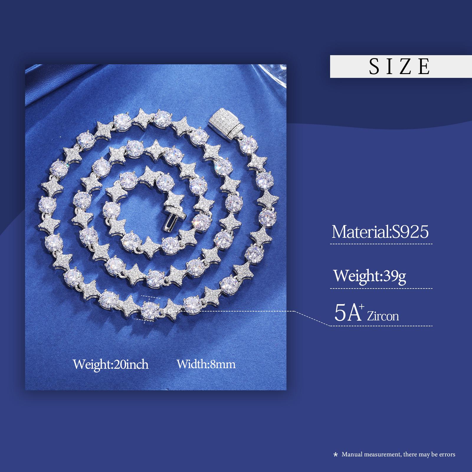 【#NS9250037】8mm S925 Sterling Silver Star Round Tennis Chain Necklace For Women New Design Iced Out Hip Hop Fine Jewelry for Christmas