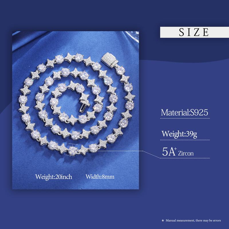 【#NS9250037】8mm S925 Sterling Silver Star Round Tennis Chain Necklace For Women New Design Iced Out Hip Hop Fine Jewelry for Christmas