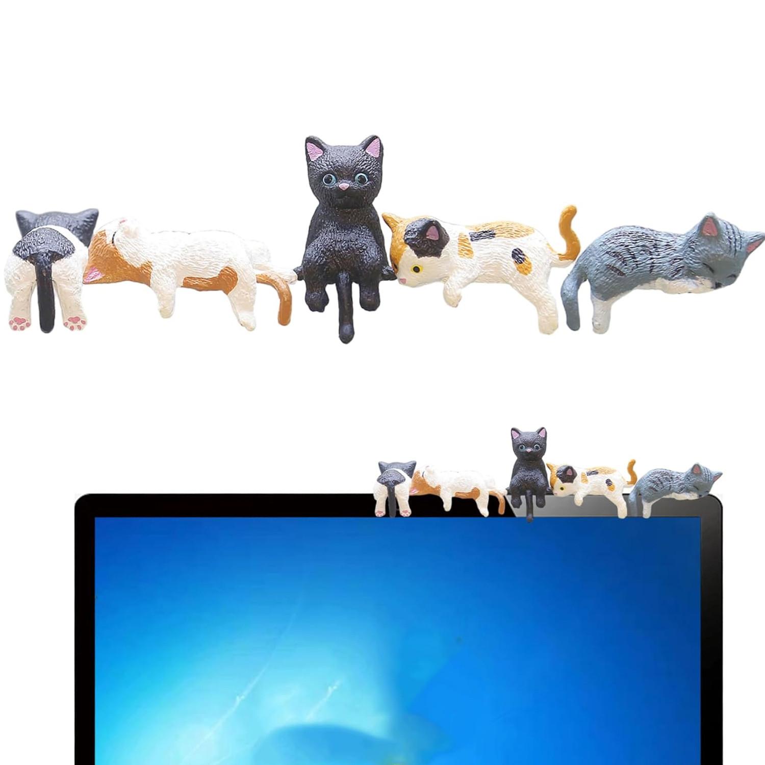 Mini Cat Figurines, PVC Computer Monitor Decor, Cute Kitty Screen and TV Accessories, Ideal for Home Office & Car Decoration