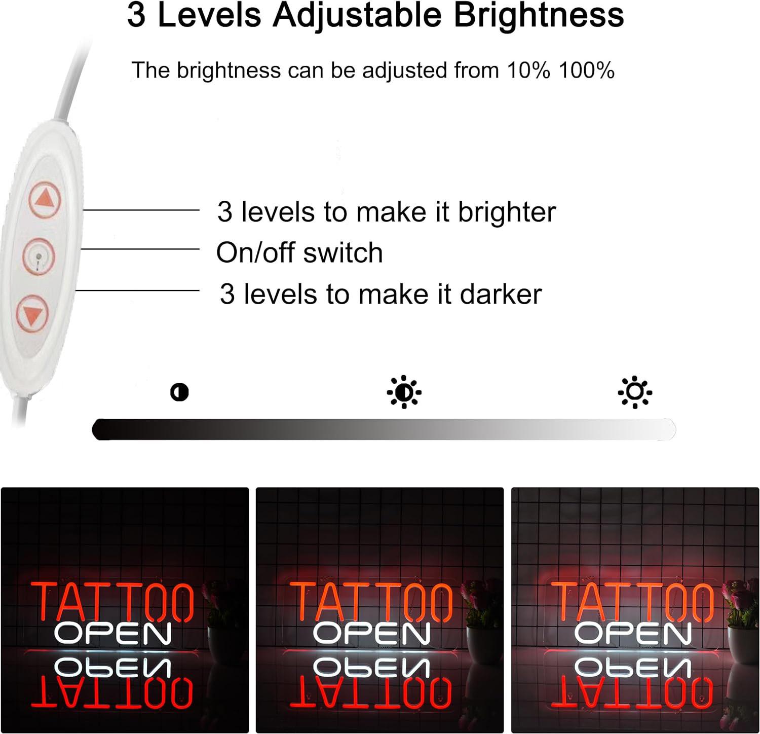 Open Neon Tattoo Sign Wall Decor, Adjustable USB Powered LED Sign for Salon Art Decoration, Bright Neon Sign for Bar Hotel Game Room