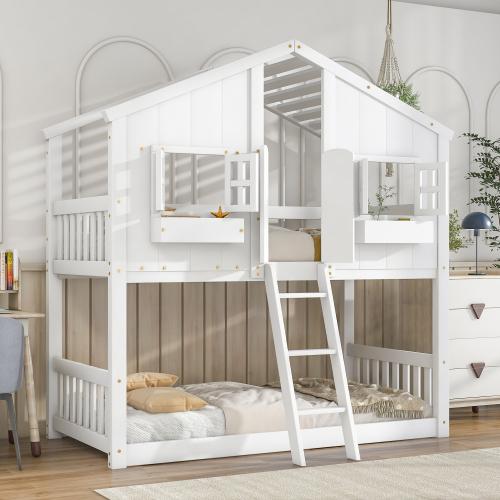 Bellemave Twin over Twin House Bunk Bed with Roof Window Door Safety Guardrails Ladder Unique Bedroom Furniture Kids Furniture Low Height Design Premium Pine Wood Bedframe