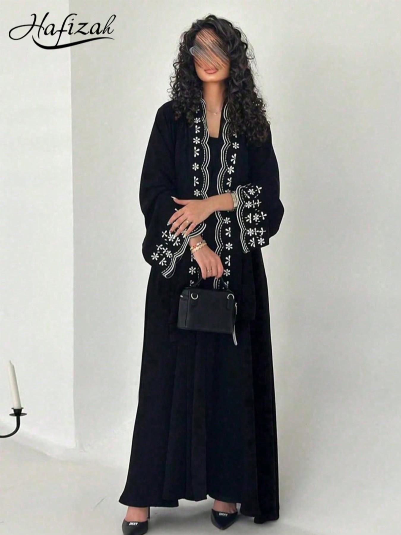 Hafizah New Women's Modest Fashion Embroidered Outerwear Cardigan, Trendy Style Casual Long Dress with Headscarf, All Seasons Oversize Loose Fit Clothes