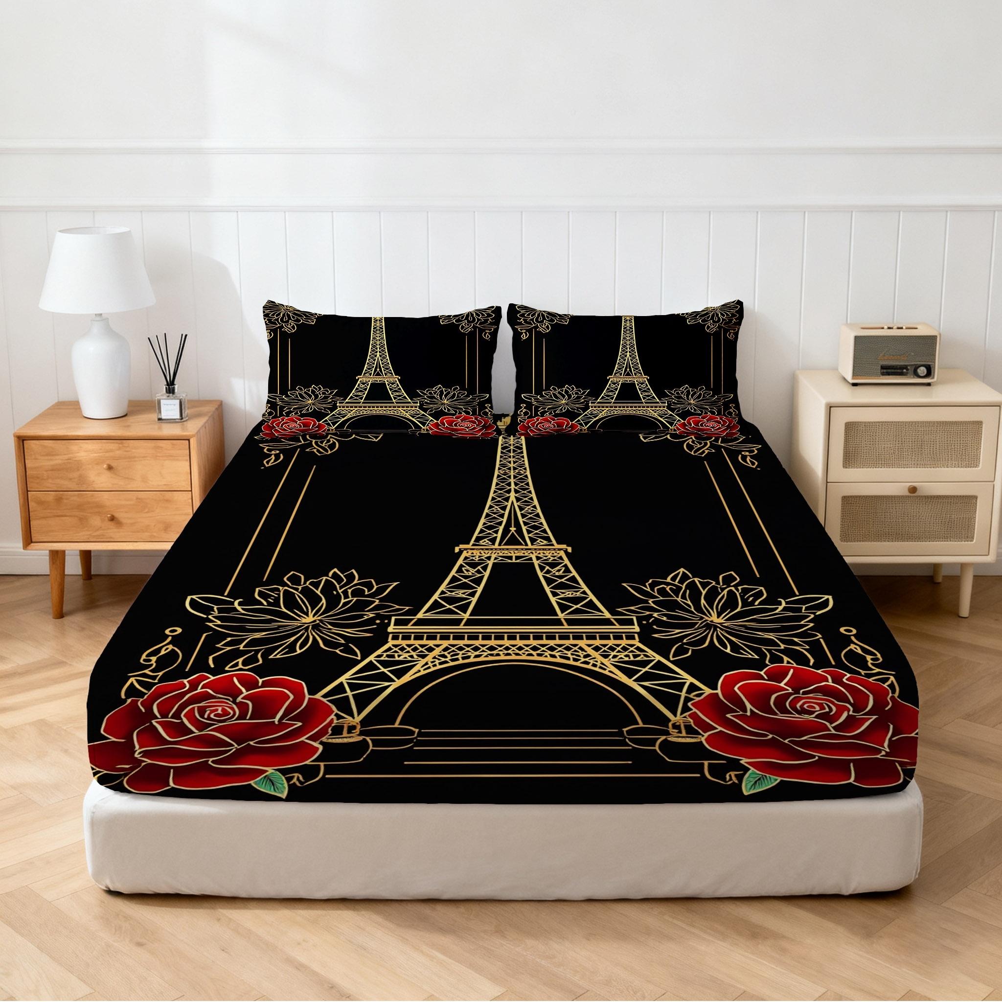 2/3 Pcs Paris Tower,Rose Theme Pattern Bedding Fitted Sheet Set(1* Fitted Sheet+1/2* Pillowcase,core Free),machine Washable,zipper Seal,multiple Sizes Suitable For All Seasons,suitable For Bedrooms,perfect Gift Festivals