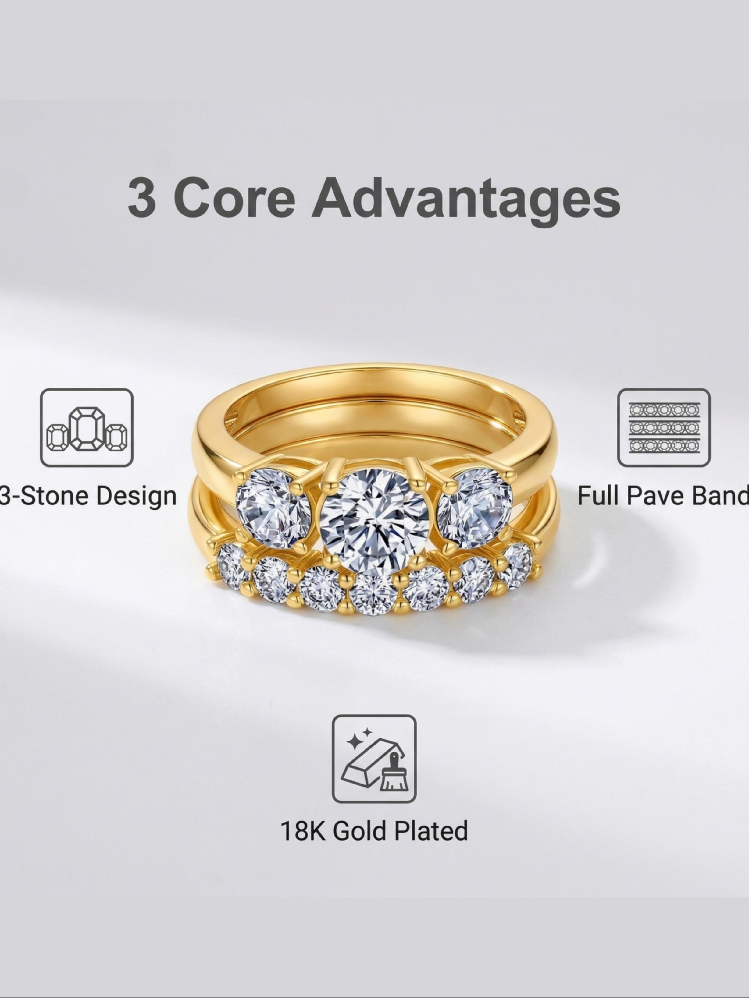 1ct Moissanite Ring Set, Classic Women's Wedding Band, 3-Stone Stackable, 18k, Hypoallergenic, Engagement Anniversary Gift