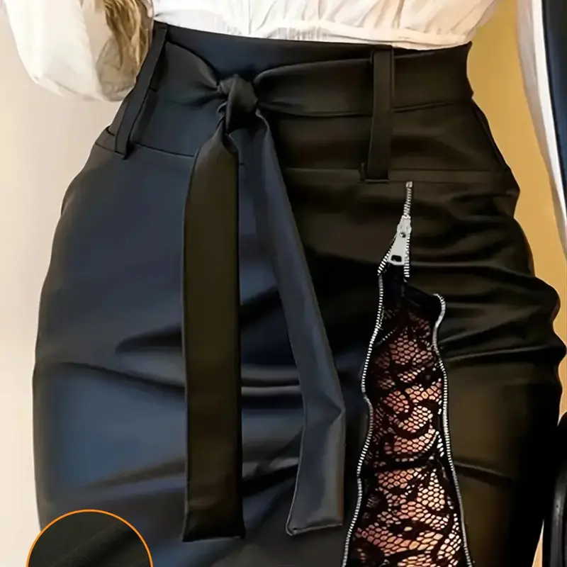 Women's Sexy Lace Patchwork Side Zipper Bow Waistband Knot Short Bodycon Skirt for Spring and Fall