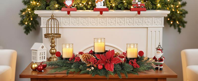 36 Inch Christmas Table Centerpiece with 3 Candle Holders, Baubles, Pine Cones, Red Berries & Spruce Branches – Indoor Holiday Decor