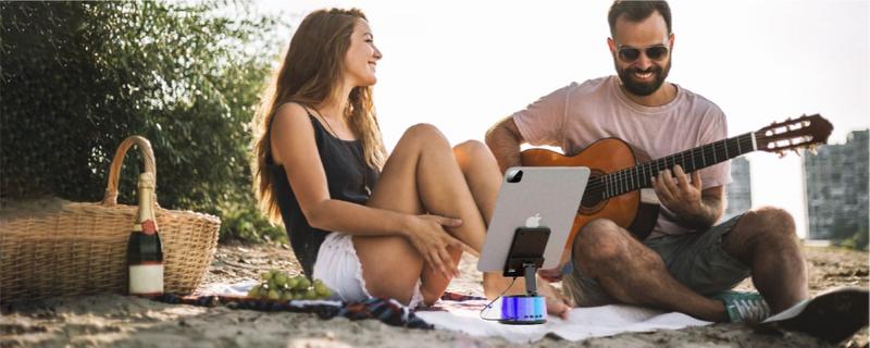 8in1 Wireless Speaker Cell Phone Stand with Bluetooth/Induction Audio & Atmosphere Light/Power Bank, 5.3 HD Surround Subwoofer Sound,300° Rotable Foldable Lift-Non-Slip Base, Fits Smart Phones, Latest 2025 Model