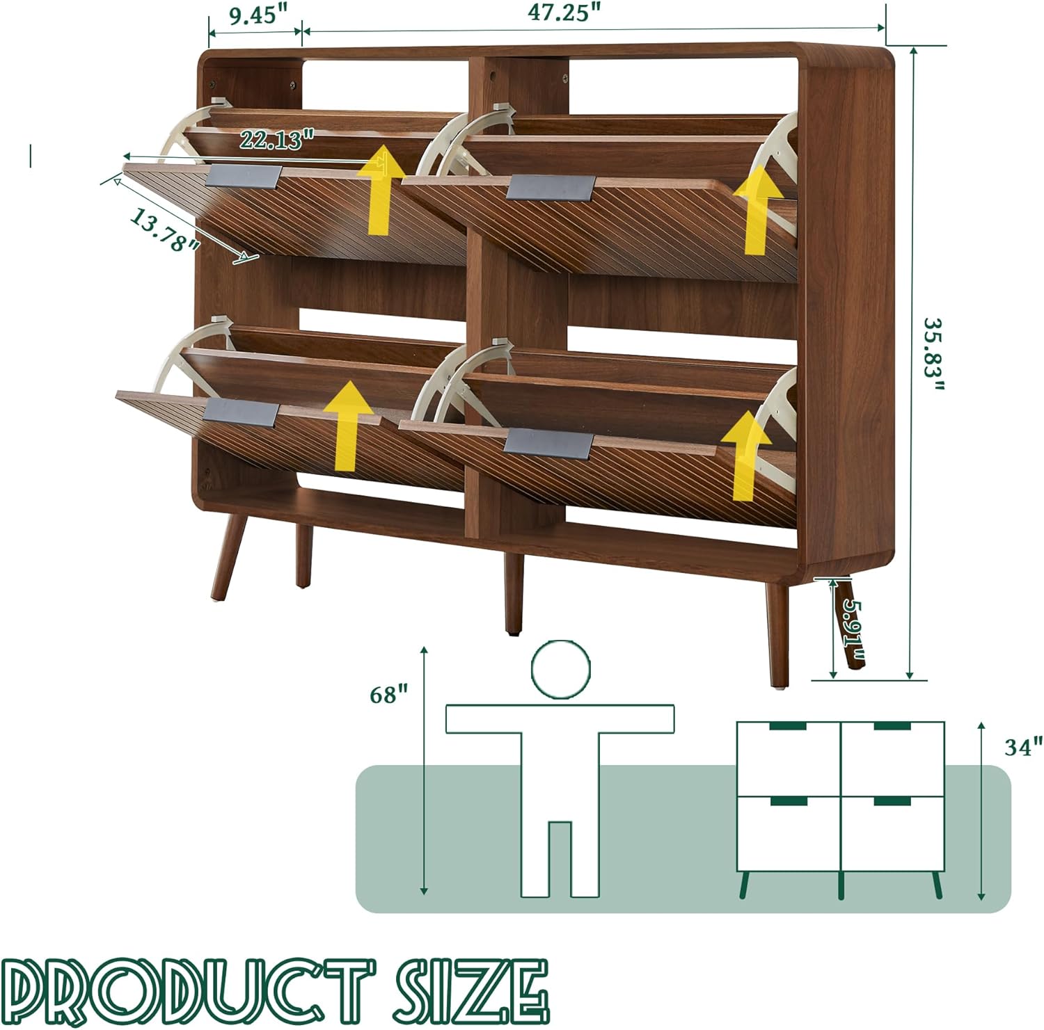 Giratree 47" Fluted Large Shoe Cabinet with 4 Flip Drawers, Slim Freestanding Shoe Cabinet Organizer, Narrow Shoes Storage Rack for Entryway, 5 Sturdy Legs