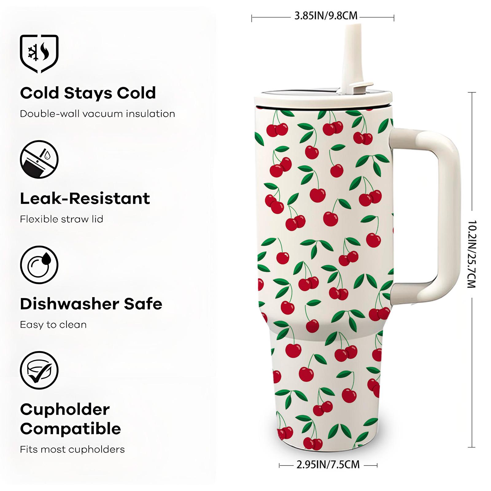 1pc 40oz Stainless Steel Insulated Mug Tumbler with Handle, Cute Cherry Print Thermal Cup with Lid and Straw, Keep Hot 12H/Cold 24H, Leak-Proof Vacuum Mug for Coffee, Travel, Office, Great Gift for Women, Friends, Cherry Lovers, Home Kitchen Essentials