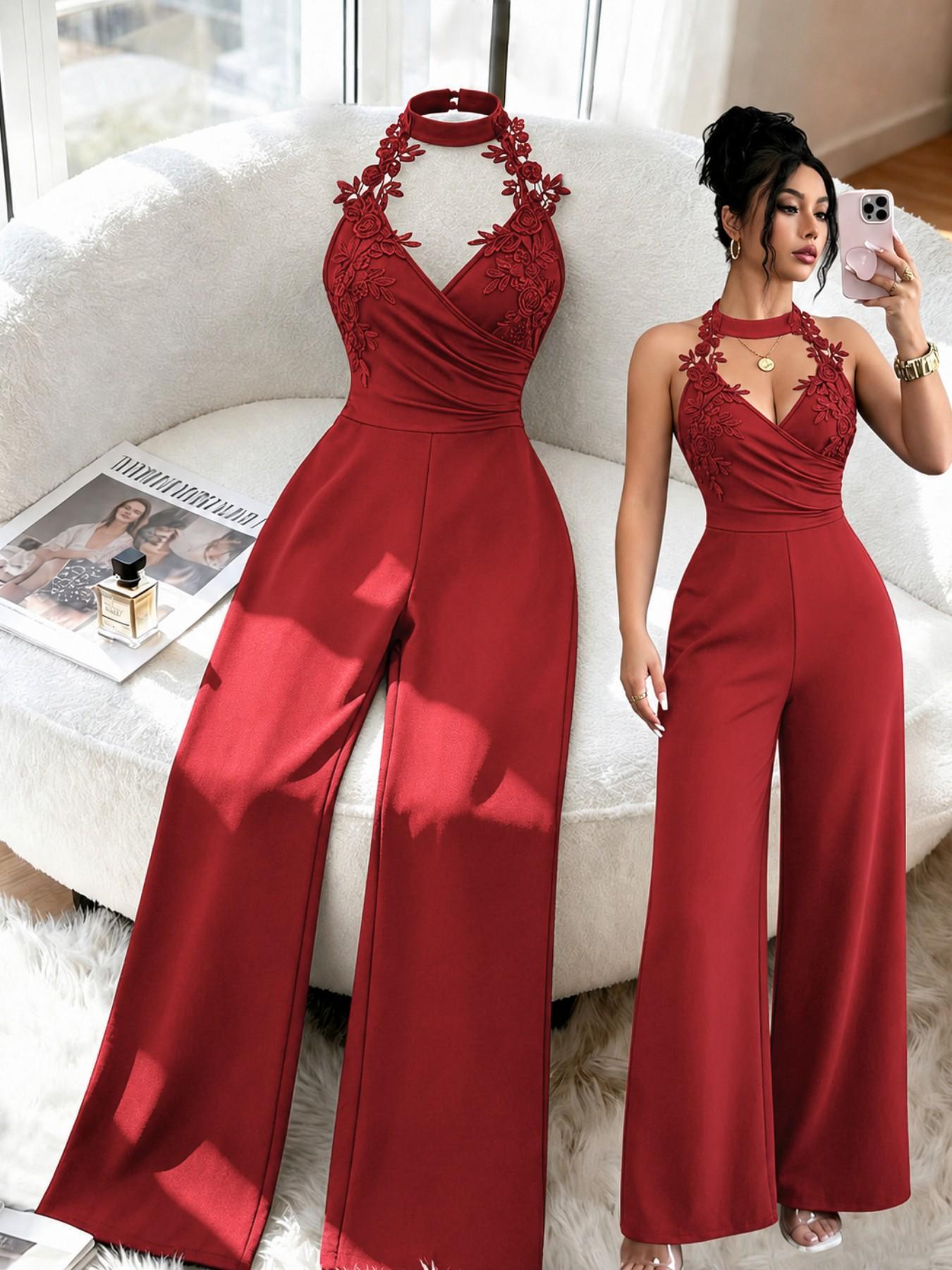 Floral Lace Halter Deep V Cross Back High Waist Bodycon Pants, Sexy & Elegant Design for Dates & Parties, Perfect Fit for Special Occasions