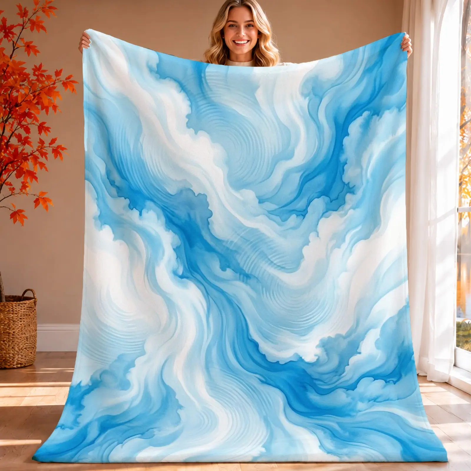 1PC Blue Watercolor Cloud Throw Blanket, Abstract Calm Style Printed Decor for Bedroom Sofa Lounge Blanket, Decorative Blanket