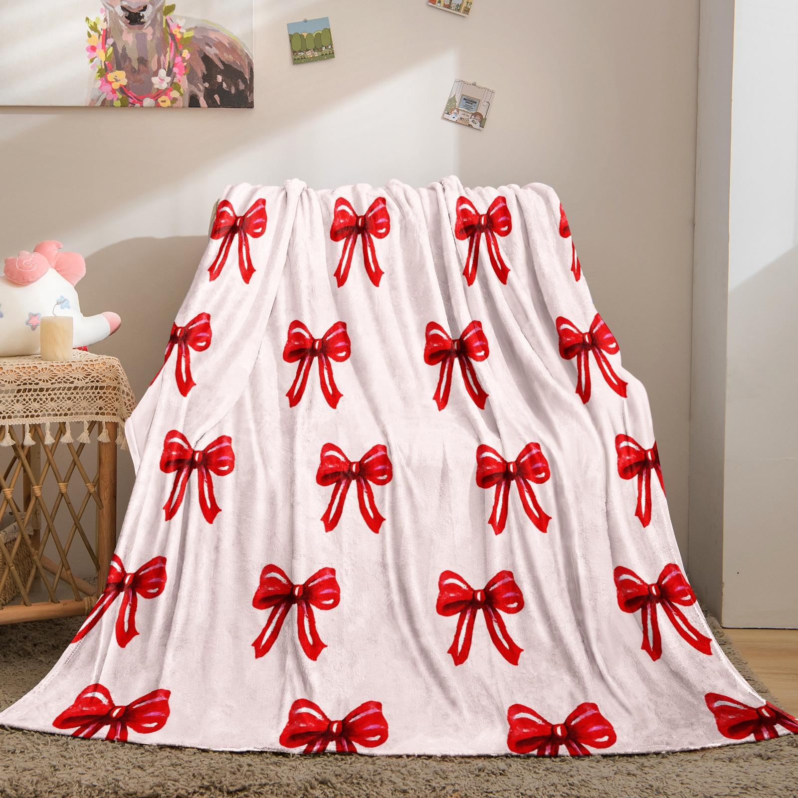 Cute Bow Knot Throw Blanket, Kawaii Pastel Ribbon Soft Flannel Blanket for Sofa Bed, Cozy Gift for Girls Women