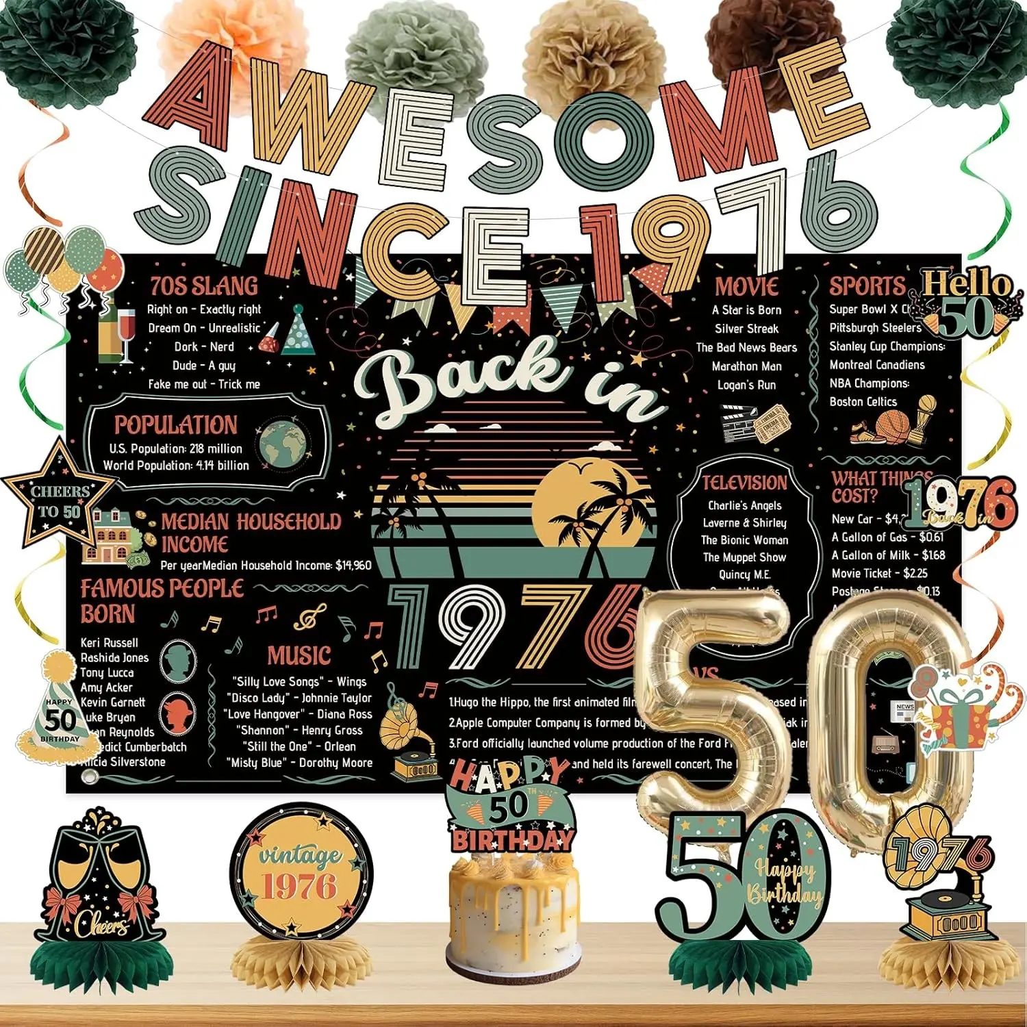 50th Birthday Decorations, Colorful Vintage Back in 1976 Poster, Cheers To 50 Years Banner, Balloons, Hanging Swirls, Cake Topper, Black Awesome Since 1976 Photo Backdrop Background for Men and WomenGift