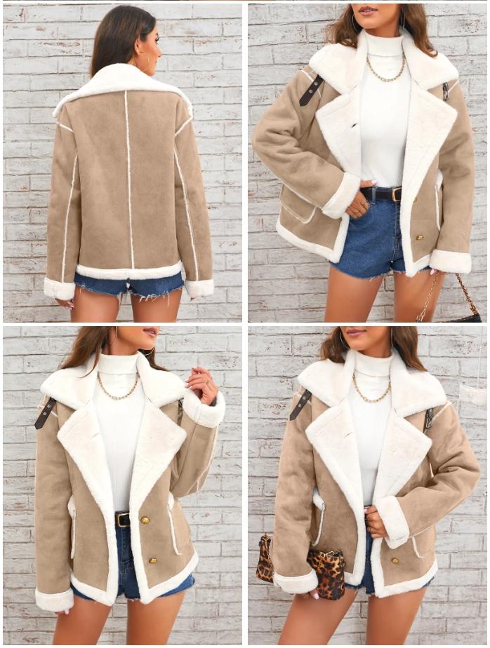 BIGWIG Lapel Plush Jacket Winter Warm Casual Outwear Women's Clothing Long Sleeve Suede Faux Sherpa Fur Lined Coats Basic Minimalist Pink Color