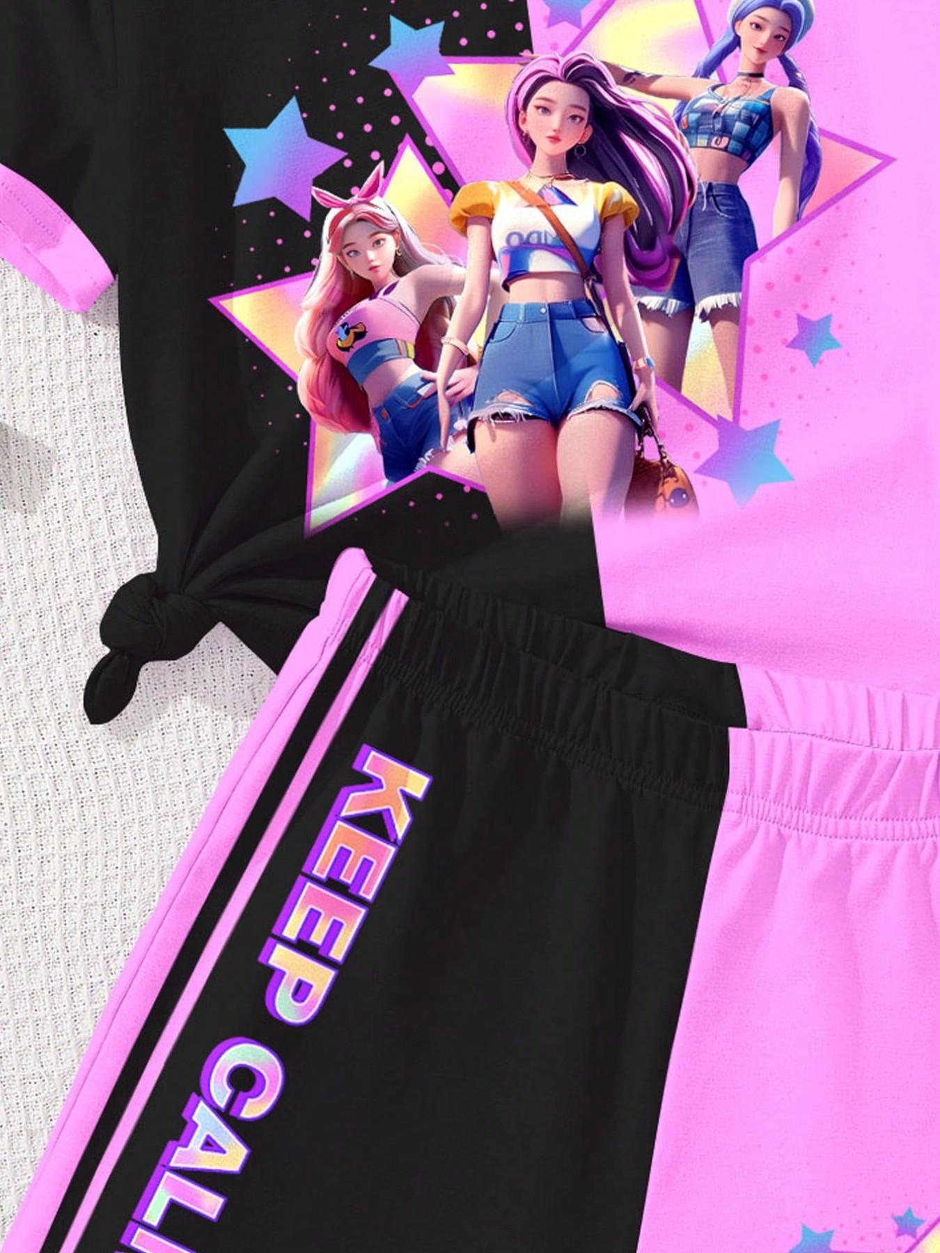 Spring Summer Fashion Kpop Anime Girl Patchwork Print Set, Girls Short Sleeve T-Shirt and Shorts 2 Piece Set, Soft Comfortable Fabric