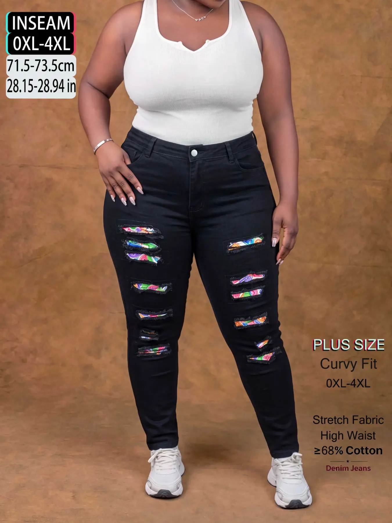 Plus Size High Waist Slim Fit Jeans, Colorful Print Patchwork Ripped Denim Jeans, Fashionable Stretchy Jean Bottoms for Streetwear