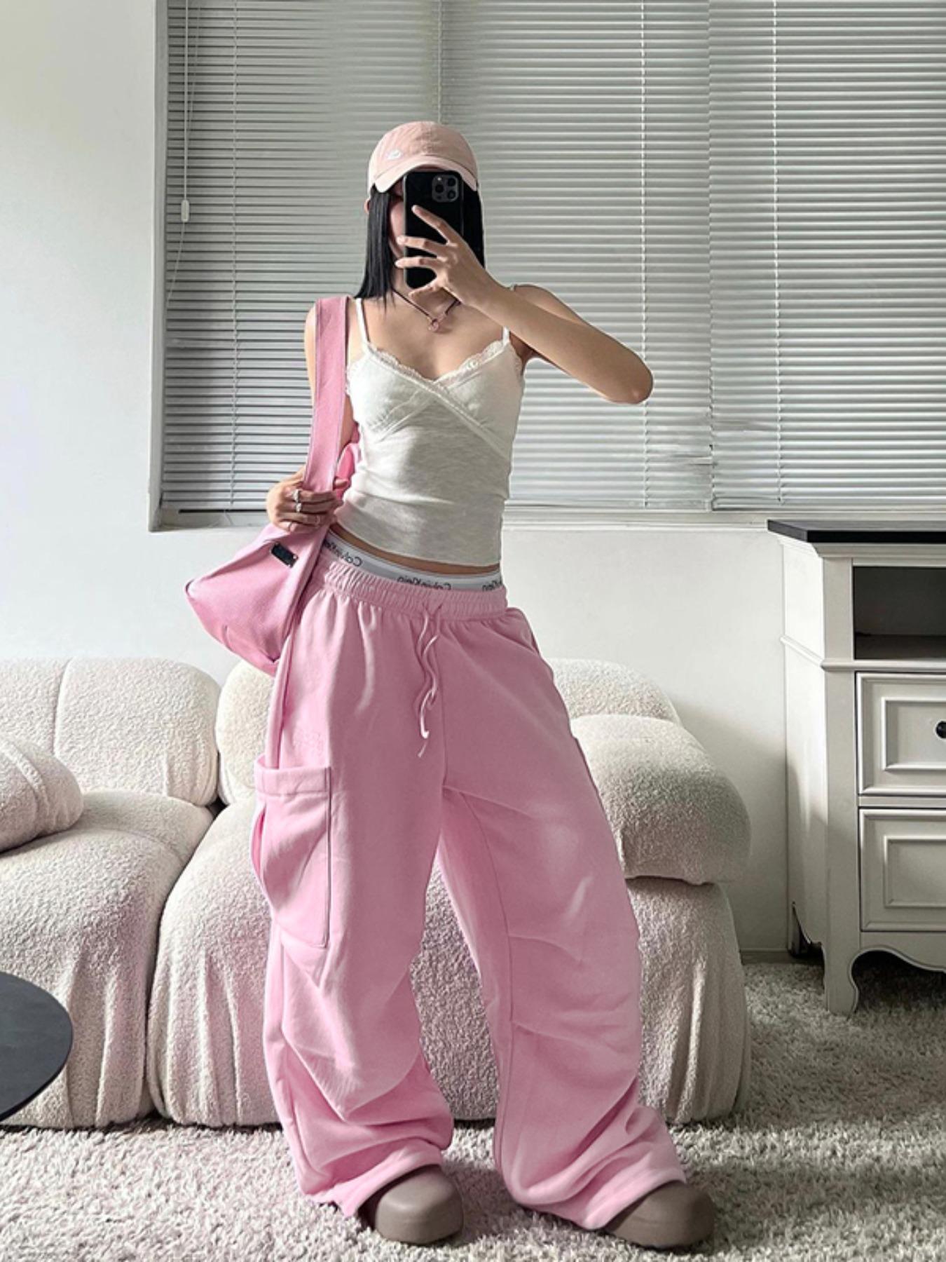 Women's Plain Drawstring Waist Cargo Pants, Casual Pocket Wide Leg Trousers for Daily Wear, Ladies Bottoms for All Seasons