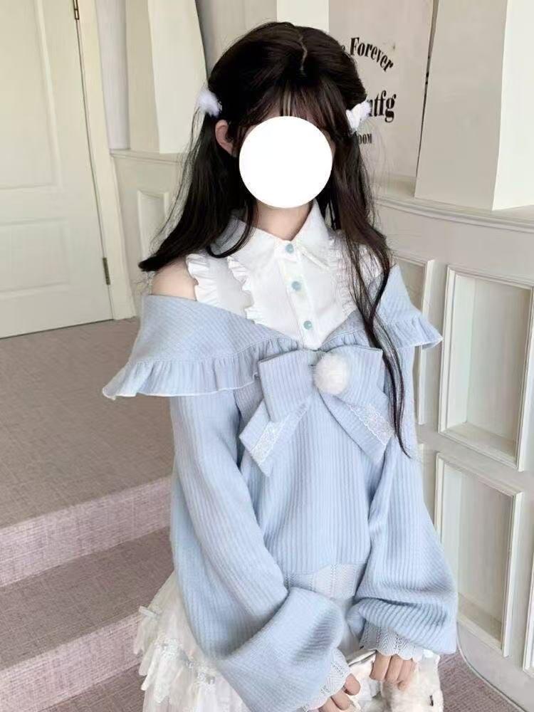 New Cute Slim Harajuku Autumn Outfits 2025 Japanese Sweet Lolita Kawaii 2 Piece Set Women Bow Patchwork Tops+ Cake Ruffle Skirts