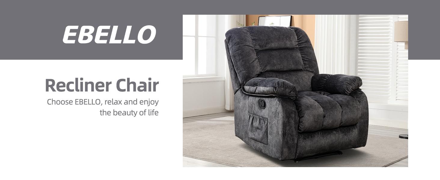 [SpringStatements] EBELLO Overstuffed Massage Recliner with Heat and Vibration, Soft Fabric Manual Reclining Chairs with Side Pocket for Living Room
