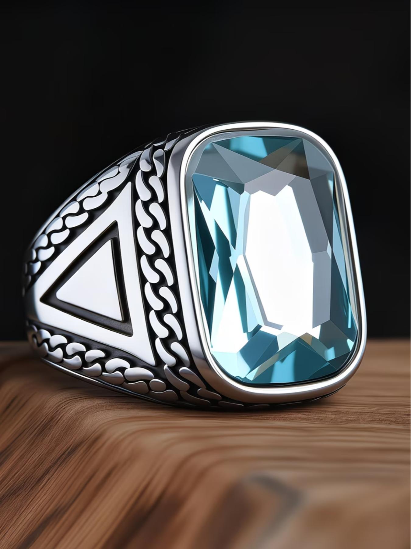 Tribal Style Men's Blue Ring, 316L Stainless Steel, Inlaid with Square Agate, Simple and Grand