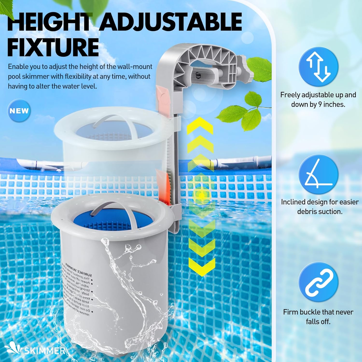 Above Ground Pool Surface Skimmer, Automatic Pool Skimmer for Top of Water, Wall Mount Surface Skimmer with Removable Skimmer Basket, Floating Pool Filter Pool Cleaning Maintenance Kit