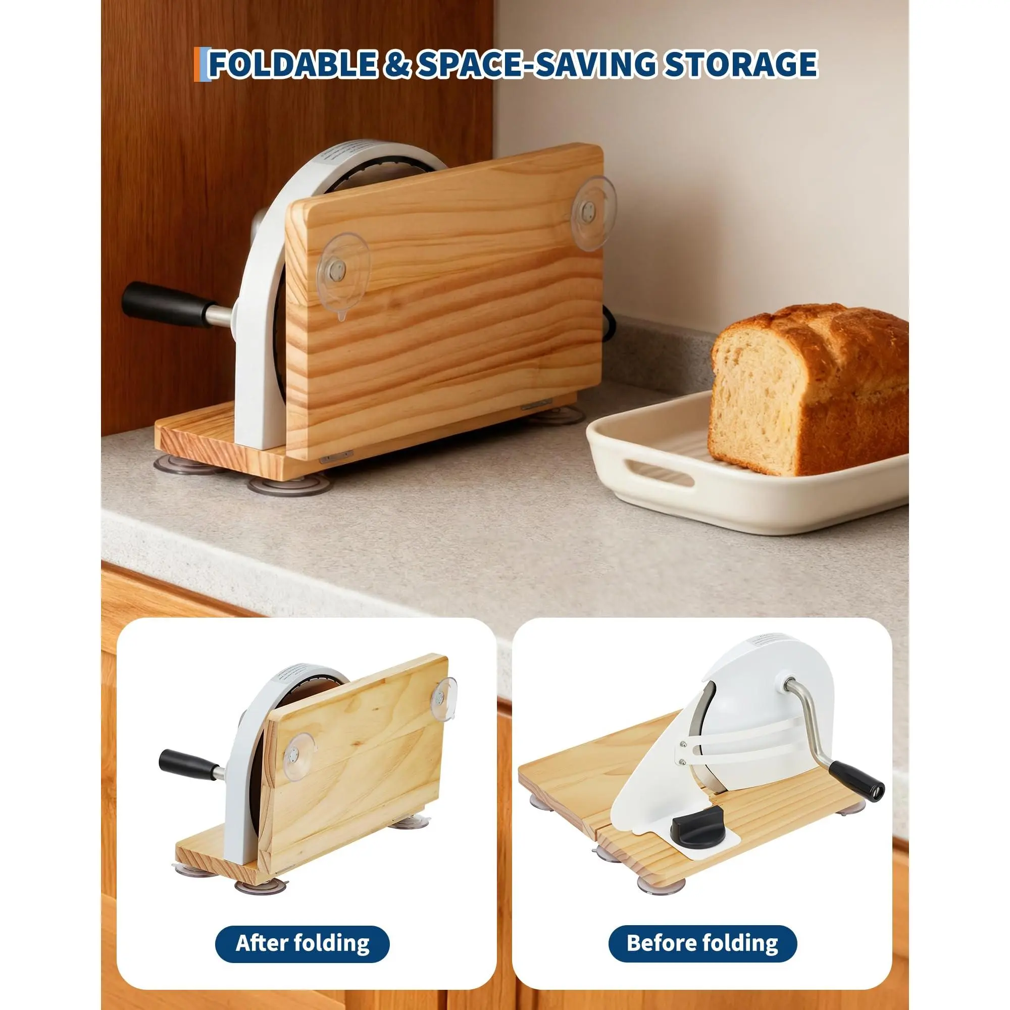 Collapsible Hand Crank Bread Slicer, Equipped with Wooden Cutting Board & Steel Guide, 0.1-1.5 Inch Adjustable Slice Thickness, 6.7 Inch Blade, for Homemade & Commercial Baking, White
