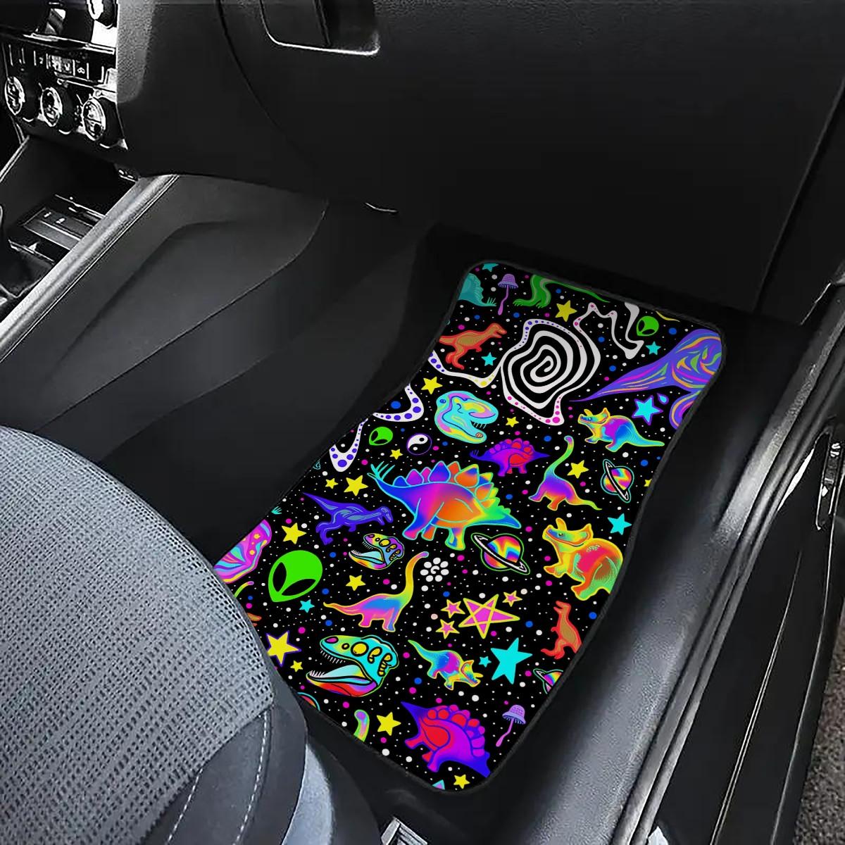 4pcs Y2K Neon Dinosaur Alien Car Floor Mats, Anti-Slip Polyester, Durable Absorbent, Easy to Clean, Suitable for Trucks Vans Suvs