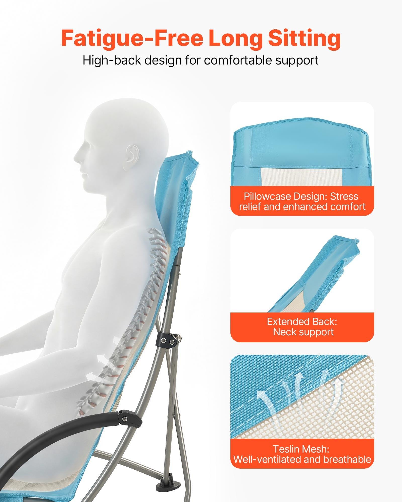 VEVOR Folding Beach Chair, High Back Camping Chairs for Adults, with Cup Pocket, Mesh Back, Carry Bag, Portable Extra Wide Seat Chair 330 lbs Heavy Duty Support, for Outdoor, Camp, Light Blue, 2 Pack
