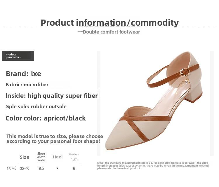 Women High Heeled Closed Toe Sandals Summer French Style Medium Chunky Heel Pointed Toe Ankle Strap