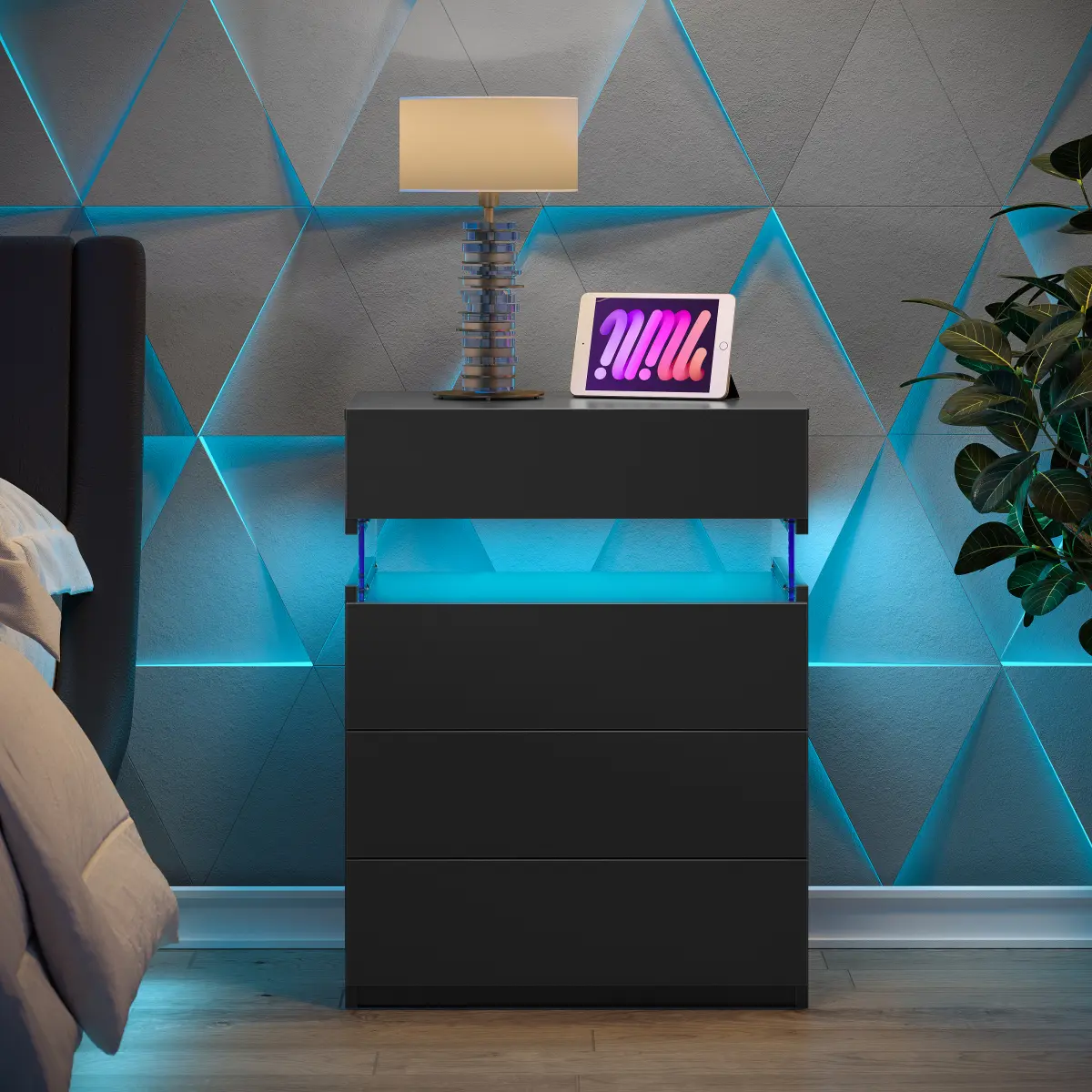 Dufominc 6 Color LED Nightstand with Adjustable Brightness & Strobe Modes, 4‑Drawer Bedside Table with Acrylic Panel & Wood Top – Modern Side Table for Bedroom, Living Room, and Dorm