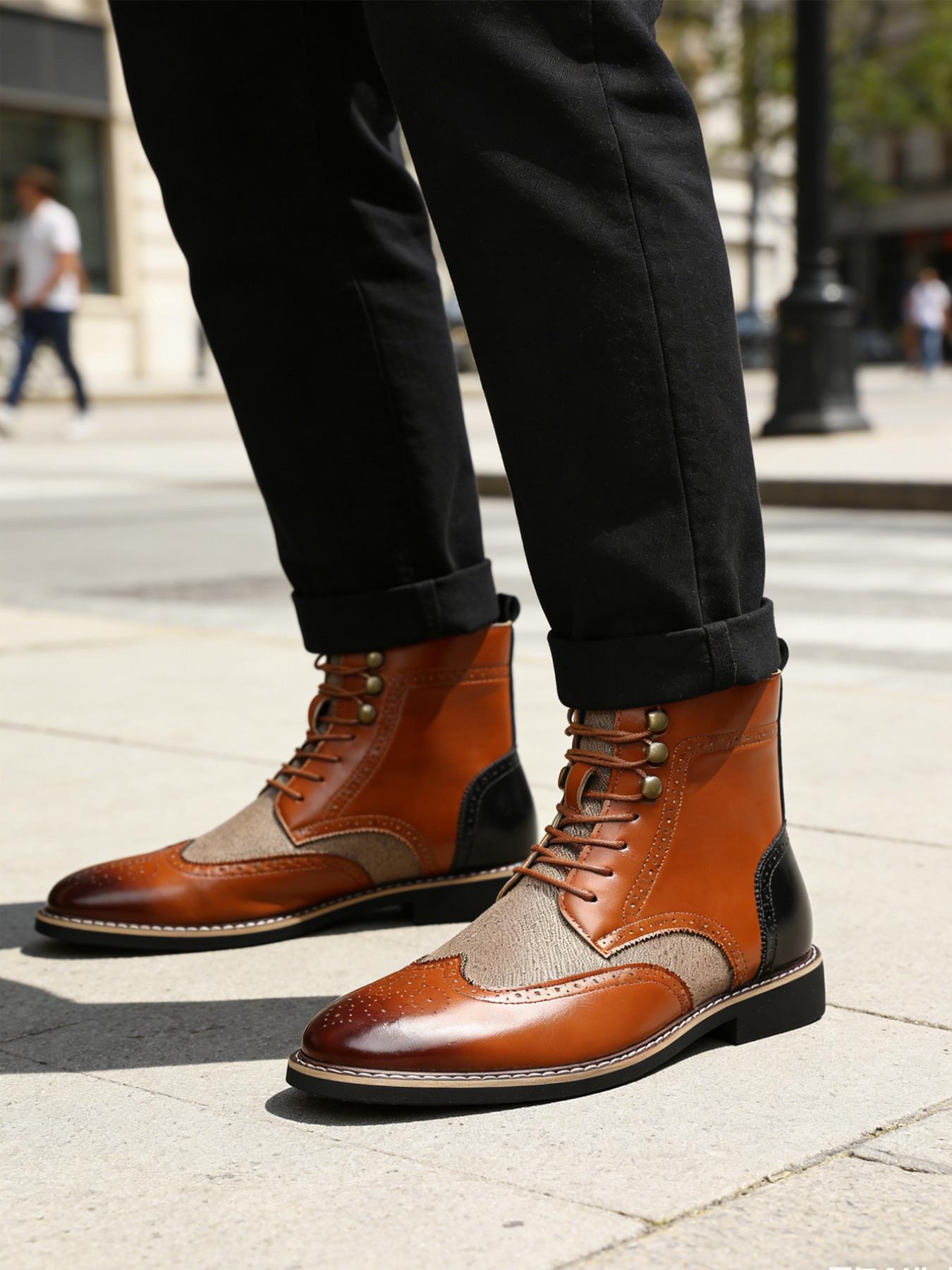 Men's Colorblock Block Heel Round Toe Boots, Casual High-Top Shoes for Daily Wear, Comfortable Fashion Footwear for Men