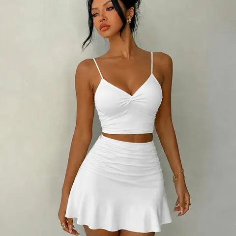 Women's Two-Piece Shortie Set, Two Pieces Sets, High Waist Ruched Skirt, Sleeveless V-Neck Camisole, Slim-Fit Casual, Elegant and Sexy Design