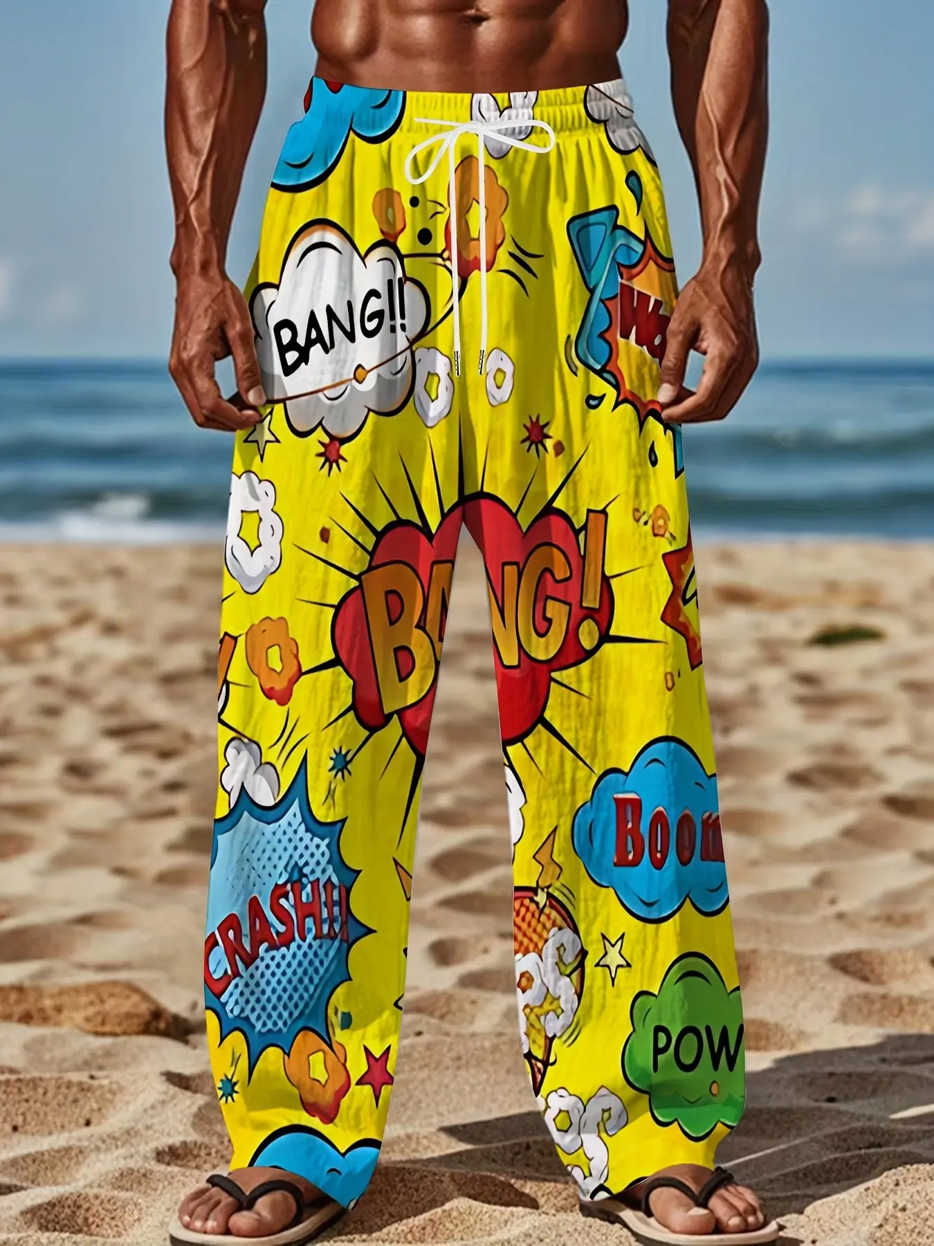 Men's Cartoon Print Casual Long Pants, Drawstring Waist, Fun Cartoon Pattern, Loose Fit, Beach Wear, Trendy Men's Pants