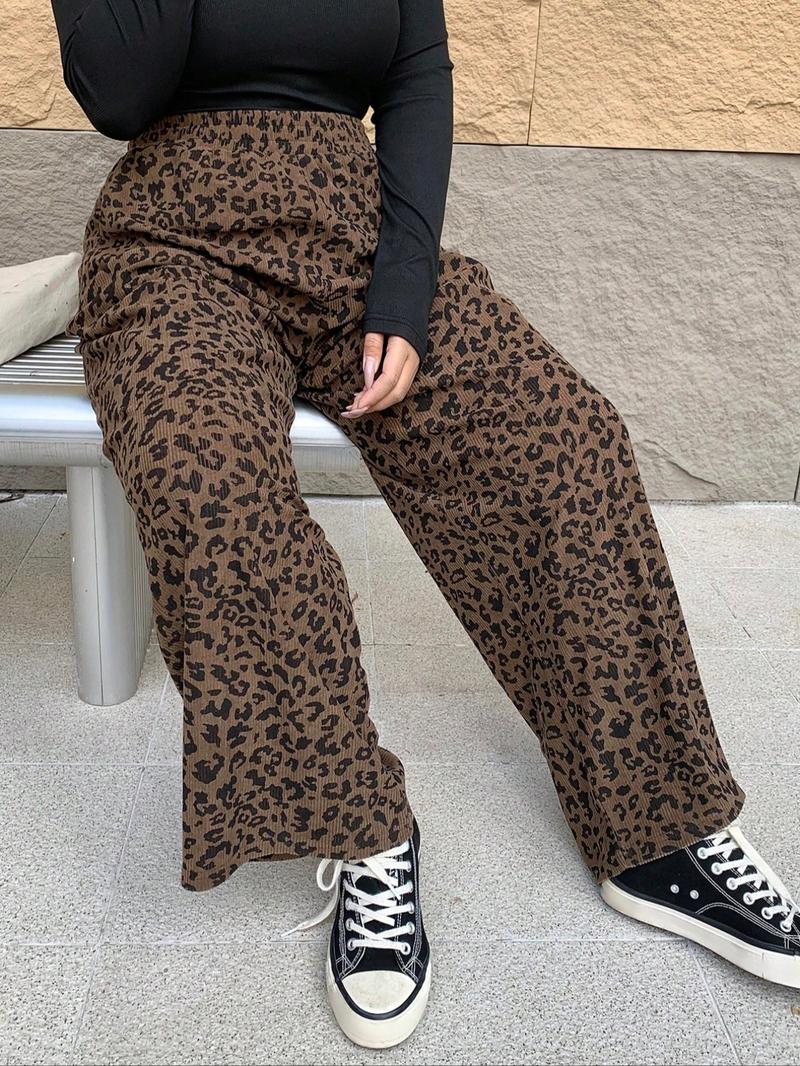 Women's Casual Leopard Print Elastic Waist Corduroy Loose Fit Pants, Comfortable and Stylish, Perfect for Daily Wear,All Season, Back To School Clothes Fall